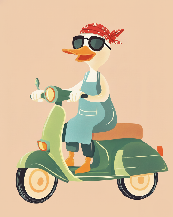 A cartoon duck wearing a red bandana and sunglasses rides a green scooter. The duck is dressed in a light blue apron and orange boots, set against a plain beige background.