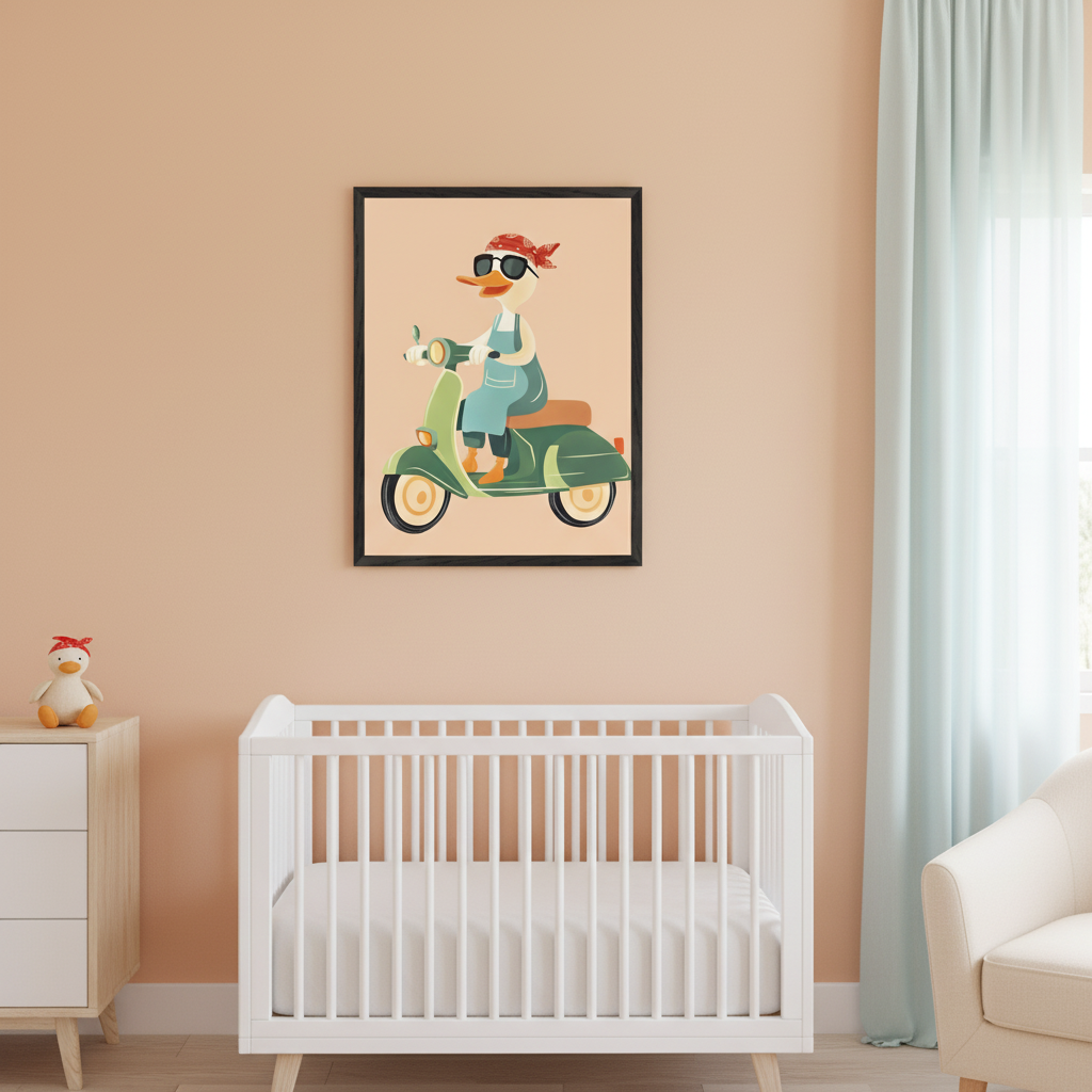 Modern nursery with a white crib, wood dresser, and armchair. A black-framed illustration of a cartoon duck in sunglasses and bandana riding a green scooter hangs on the peach wall, centered above the crib.