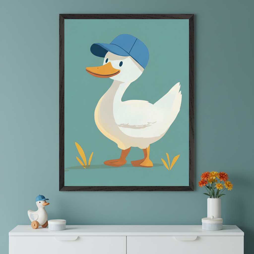 A large, dark-framed print hangs above a white dresser in a modern kid's room. The artwork depicts a cartoonish white duck with a blue baseball cap standing on grass against a teal background. A wooden duck toy and flowers are on the dresser.