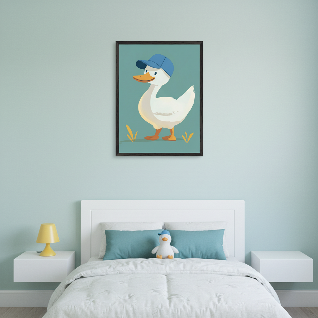 Modern kid's bedroom with a white bed, floating nightstands, and a yellow lamp. A framed cartoon illustration of a white duck in a blue cap, standing in grass, hangs centered above the bed on a light blue-green wall.