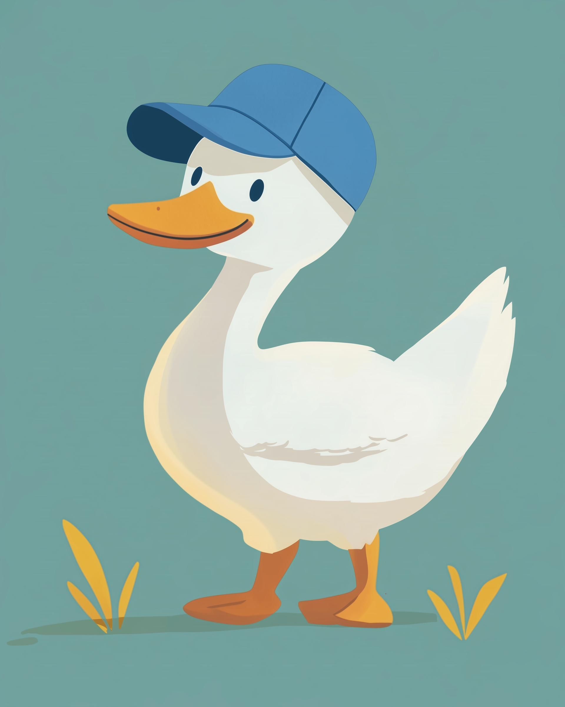 A cheerful cartoon duck wearing a blue baseball cap stands on two orange webbed feet against a teal background, with a few yellow blades of grass nearby.