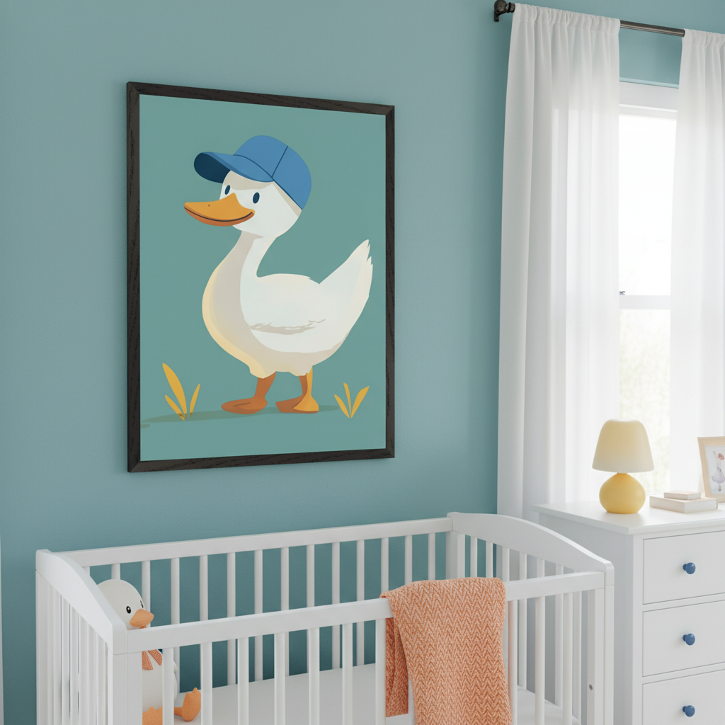 Modern nursery with a white crib and dresser. A framed print of a cartoon white duck wearing a blue baseball cap on a teal background hangs above the crib. A yellow lamp and framed photo are on the dresser. A small duck plush sits in the crib with an orange blanket.