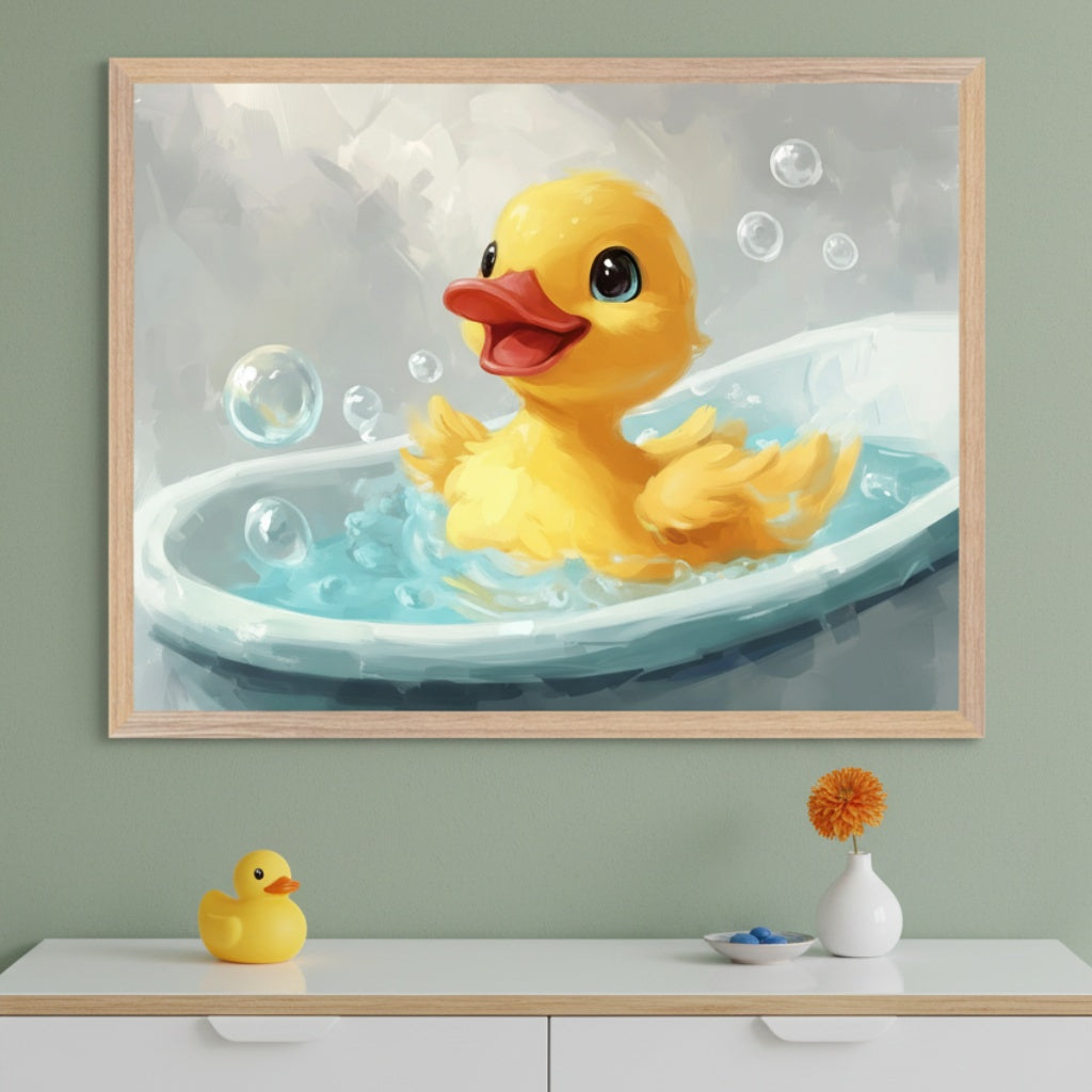 Modern nursery with a white dresser against a green wall. A large framed illustration of a happy yellow rubber duck in a bubble bath hangs centered above the dresser. A small yellow rubber duck, vase with an orange flower, and dish with blue items are on the dresser.