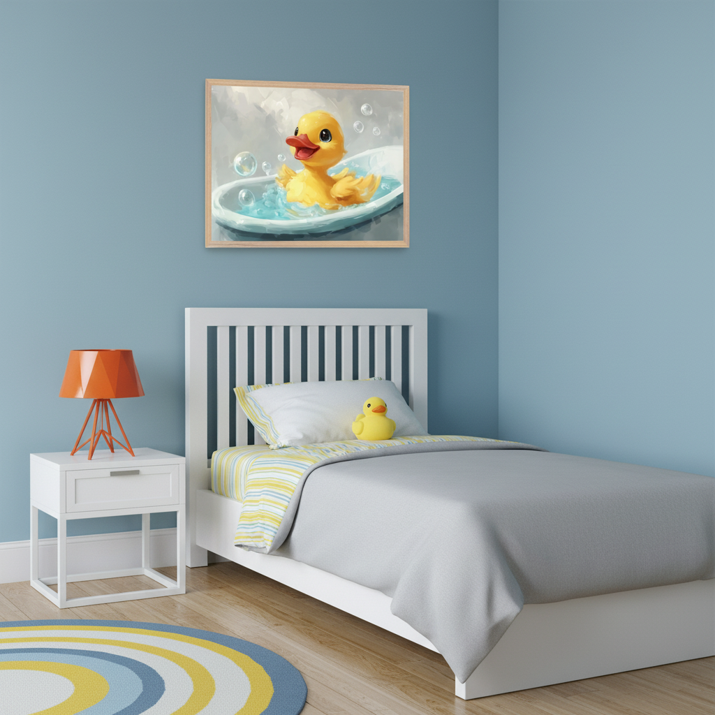 Kid's bedroom with light blue walls. A white single bed with a gray duvet, a white nightstand with an orange lamp, and a striped rug are visible. A framed painting of a happy yellow rubber duck in a bubble bath hangs above the bed and nightstand.
