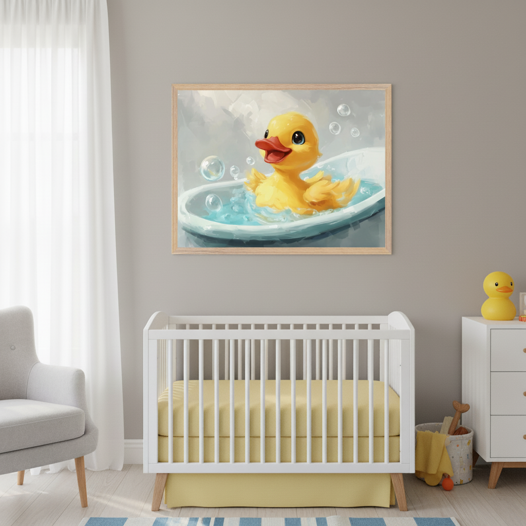 Modern nursery with a white crib with yellow bedding, gray armchair, and white dresser. A large framed print of a happy yellow duck in a bathtub with bubbles, in an illustrative style, hangs above the crib on a gray wall.