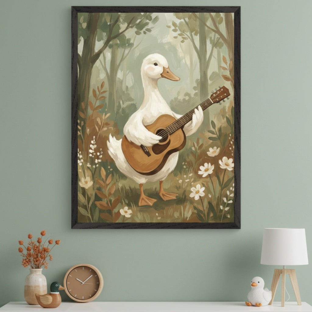 Modern room with a sage green wall and white console table. A large black-framed print hangs above the table, showing a white duck playing a guitar in a whimsical forest setting with flowers.