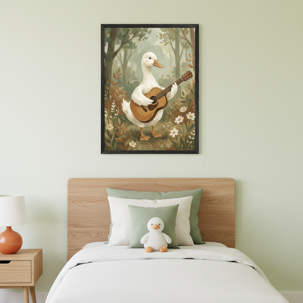 Modern kid's bedroom with a wooden headboard bed. Centered above the bed is a framed painting of a white duck playing a guitar in a forest. A duck plushie sits on the bed, and a wooden nightstand with an orange lamp is to the left.