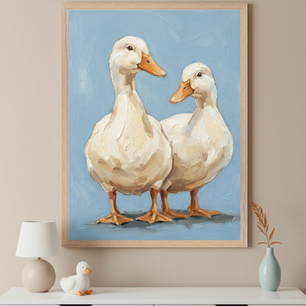 Modern room with a white console table. A light wood framed, textured oil painting of two white ducks with orange beaks on a light blue background hangs centered above the table.