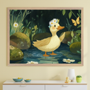 A framed illustration of a cute yellow duck standing in a small pond surrounded by daisies and green plants. The duck has a flower crown made of daisies on its head and is playfully interacting with a butterfly flying nearby. The background is dark and lush, with rocks and foliage. The image is displayed on a light-colored wall above a white shelf with small decorative items, including a rubber duck, a small plant, and a bowl of colorful fruit.