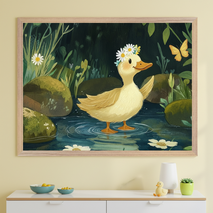 A framed illustration of a cute yellow duck standing in a small pond surrounded by daisies and green plants. The duck has a flower crown made of daisies on its head and is playfully interacting with a butterfly flying nearby. The background is dark and lush, with rocks and foliage. The image is displayed on a light-colored wall above a white shelf with small decorative items, including a rubber duck, a small plant, and a bowl of colorful fruit.