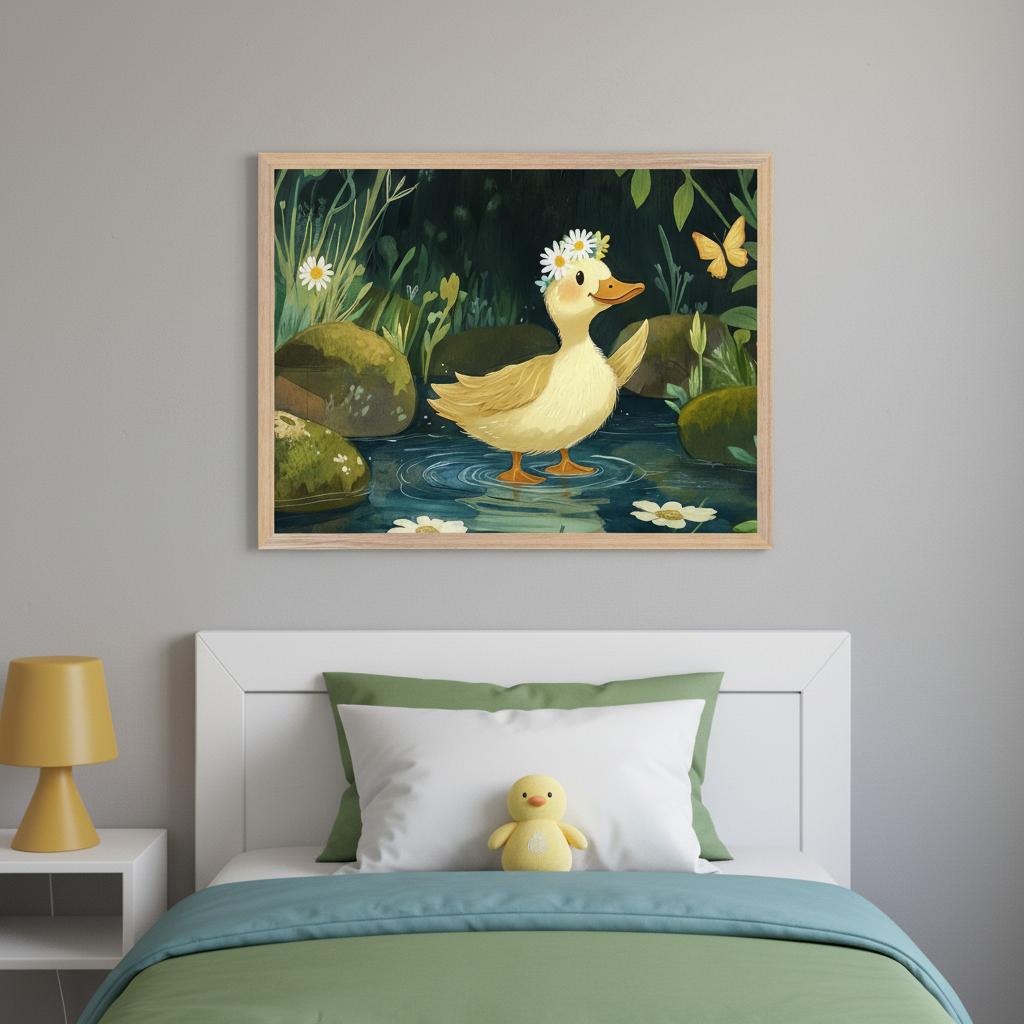 Kid's bedroom with a white headboard bed, green and blue bedding, and a yellow duck plush. Above the bed hangs a framed illustration of a yellow duckling wearing a daisy crown in a pond with flowers and a butterfly. A yellow lamp is on a white nightstand.