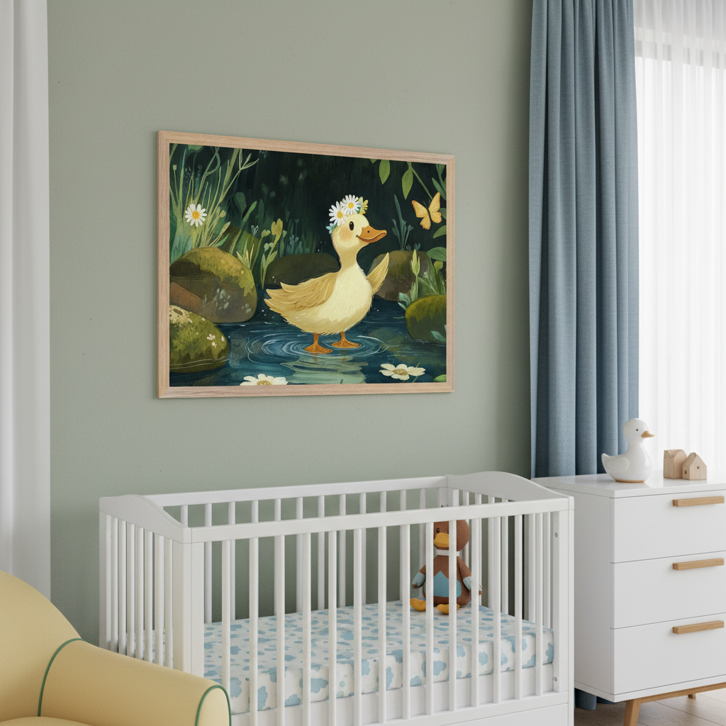 Modern nursery with a white crib and dresser. A framed illustration of a yellow duck wearing a daisy crown in a pond with foliage hangs centered above the crib.