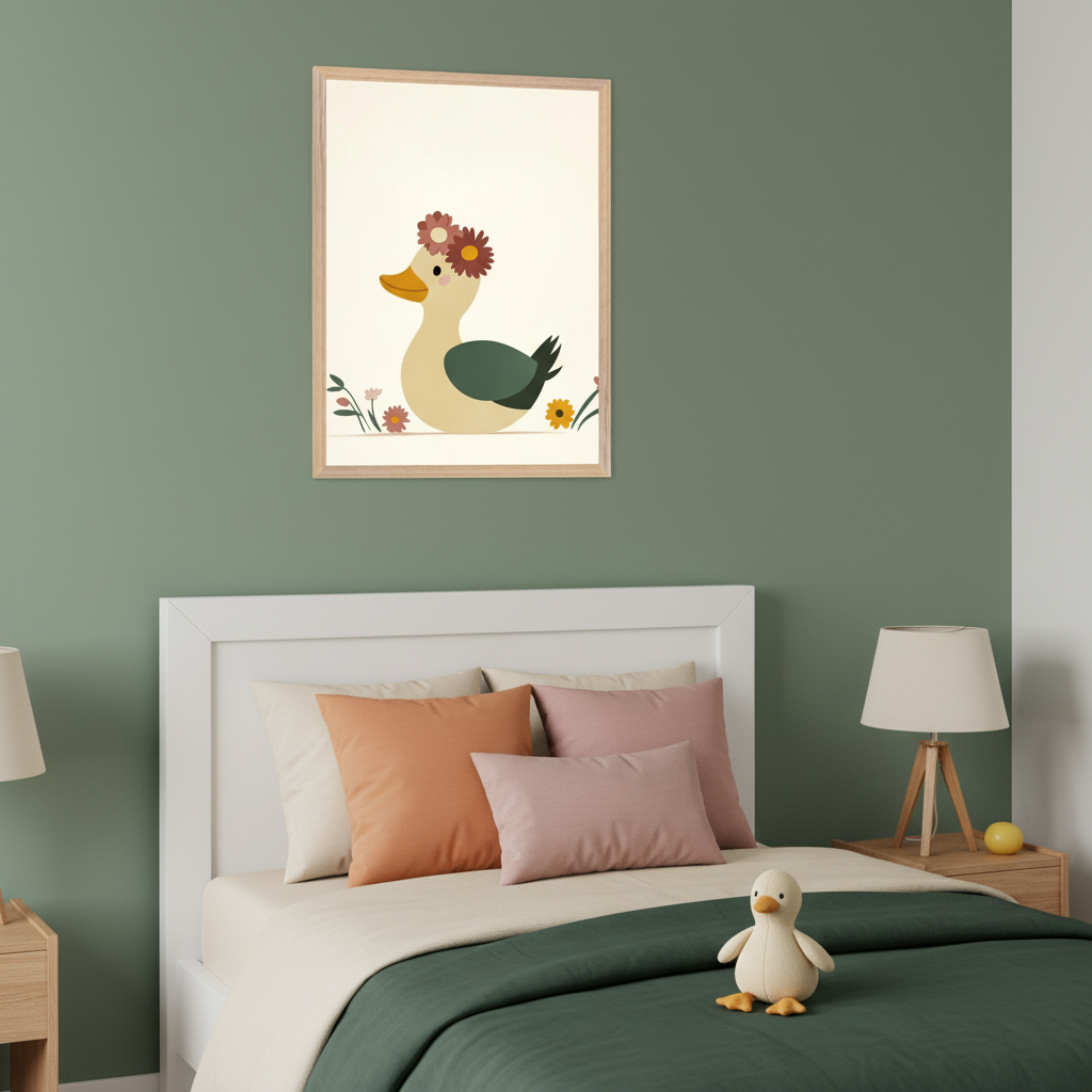 Modern kid's bedroom with sage green walls. A white bed with pillows is flanked by two nightstands and lamps. A framed print of a cartoon duck wearing a flower crown hangs above the bed. A stuffed duck toy rests on the green comforter.