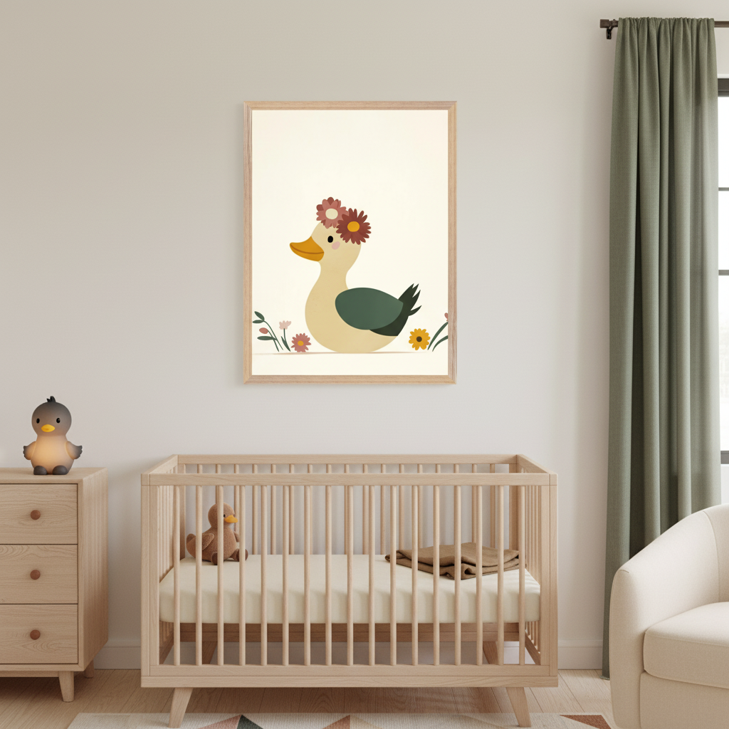 Modern nursery with a light wood crib and dresser. A framed illustration of a cartoon duck wearing a flower crown, surrounded by small flowers, hangs centered above the crib. A cream armchair is in the corner.