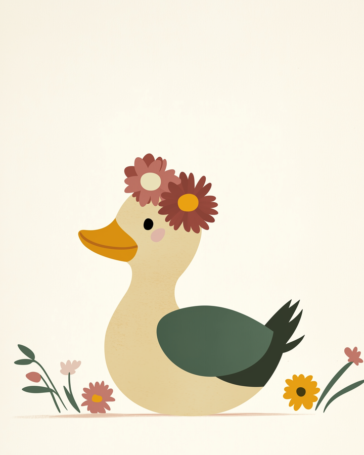 A cute illustration of a duck with green wings and a yellow beak, wearing a crown of pink and maroon flowers. It sits among simple, colorful flowers on a light background.