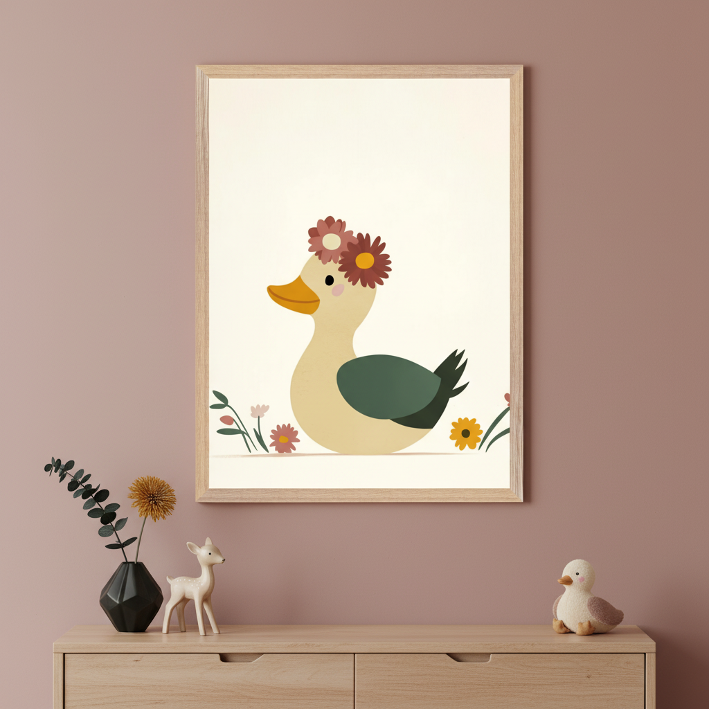 Framed illustration of a cartoon duck with green wings and a crown of pink, red, and yellow flowers, centered on a light background. The artwork is displayed above a wooden dresser against a mauve wall, with duck and deer figurines and a small vase with foliage and a pom-pom flower on the surface below.