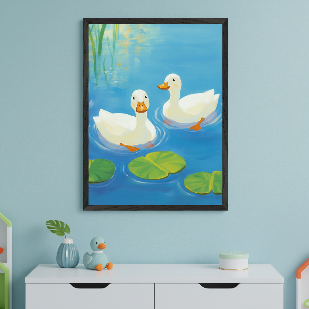 Kid's room with a white dresser against a blue wall. A framed painting of two white ducks swimming on blue water with lily pads and reeds hangs above the dresser. The painting is in an illustrative style.