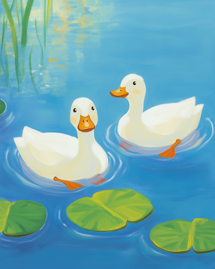 Two white ducks with orange beaks and feet swim gracefully on a serene blue pond, surrounded by green lily pads and tall reeds.