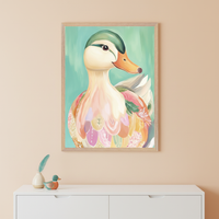 Modern room with peach walls. A framed, colorful, illustrative duck painting with patterned feathers hangs above a white dresser. A feather in a vase and a wooden duck figurine are on the dresser.