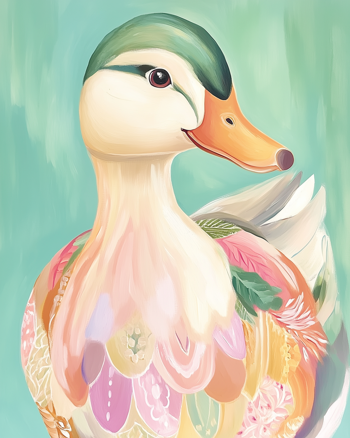 A colorful painting of a duck with a green head and orange beak, featuring a vibrant array of feathers in pink, orange, and yellow with intricate patterns. The background is a soft teal, enhancing the duck's vivid hues.