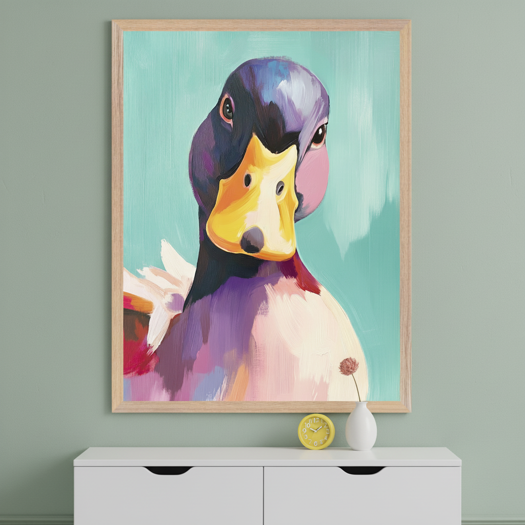 Modern room with a white dresser. A large framed, colorful painterly portrait of a duck with purple and yellow tones against an aqua background hangs centered above the dresser. A yellow alarm clock and a white vase with a flower are on the dresser.