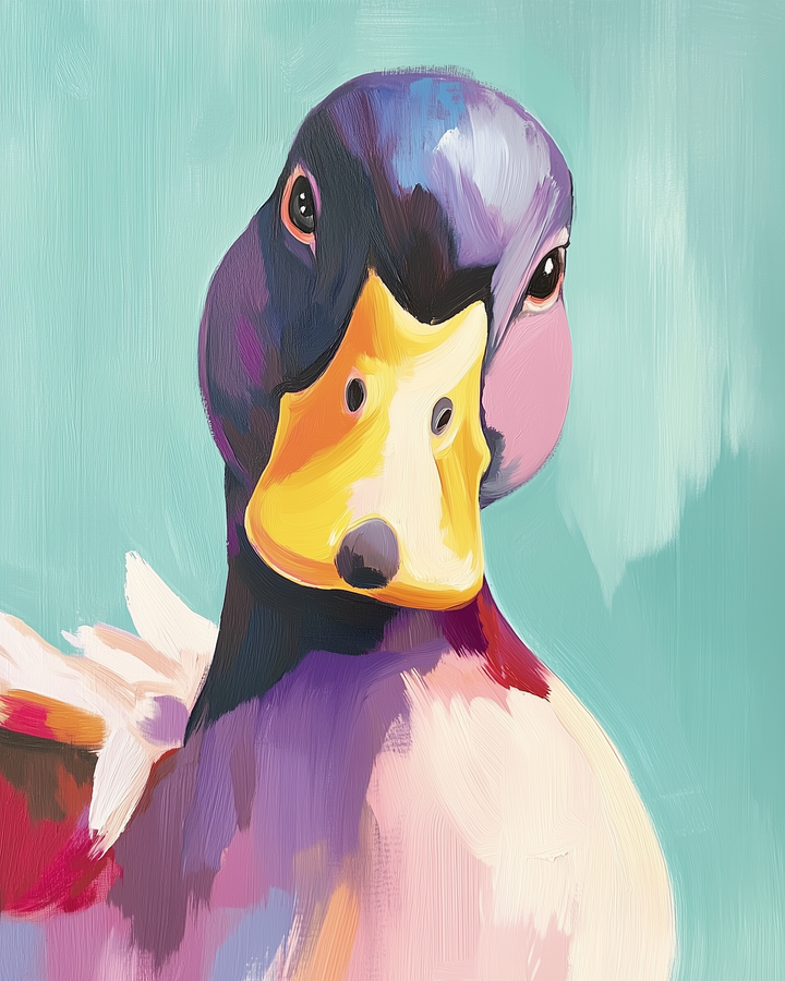 A vibrant painting of a duck with a striking yellow beak and expressive eyes, set against a soft teal background. The feathers are depicted in a mix of purples, reds, and whites, creating a lively and colorful composition.