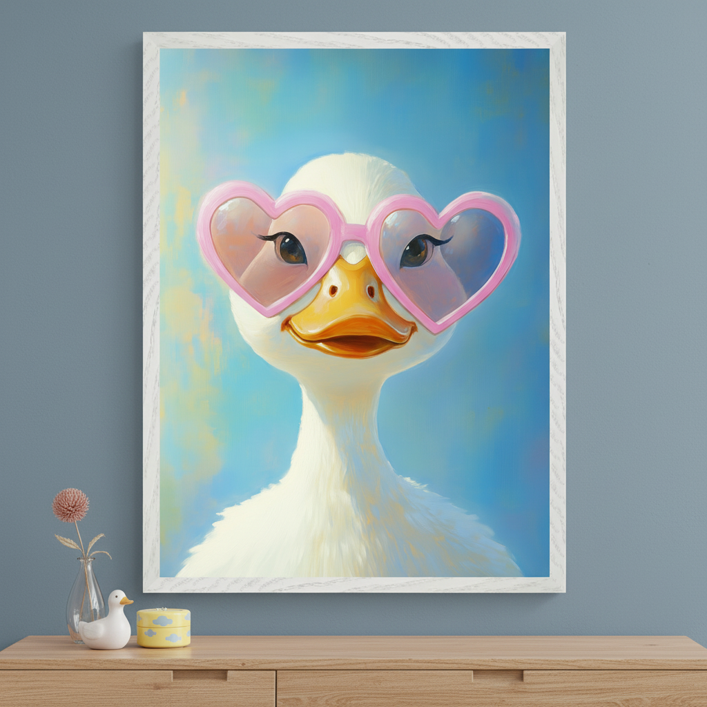 Modern room with a light wood dresser. A large framed painting of a white duckling in pink heart-shaped sunglasses on an abstract blue background hangs above the dresser.