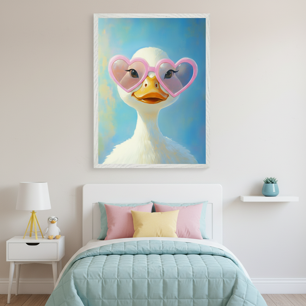 Kid's bedroom with a white bed, nightstand, and floating shelf. A large framed painting of a white duck in pink heart-shaped sunglasses, on a blue background, hangs centered above the bed.