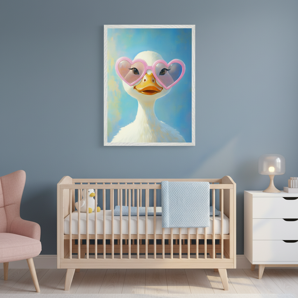 Modern nursery with a wooden crib, white dresser, and pink armchair against a blue wall. A large framed painting of a white duck wearing pink heart-shaped sunglasses hangs above the crib.