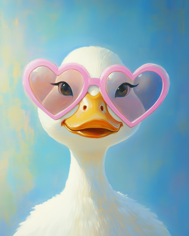 A whimsical duck wearing oversized pink heart-shaped sunglasses against a soft blue background, with a playful expression and fluffy white feathers.