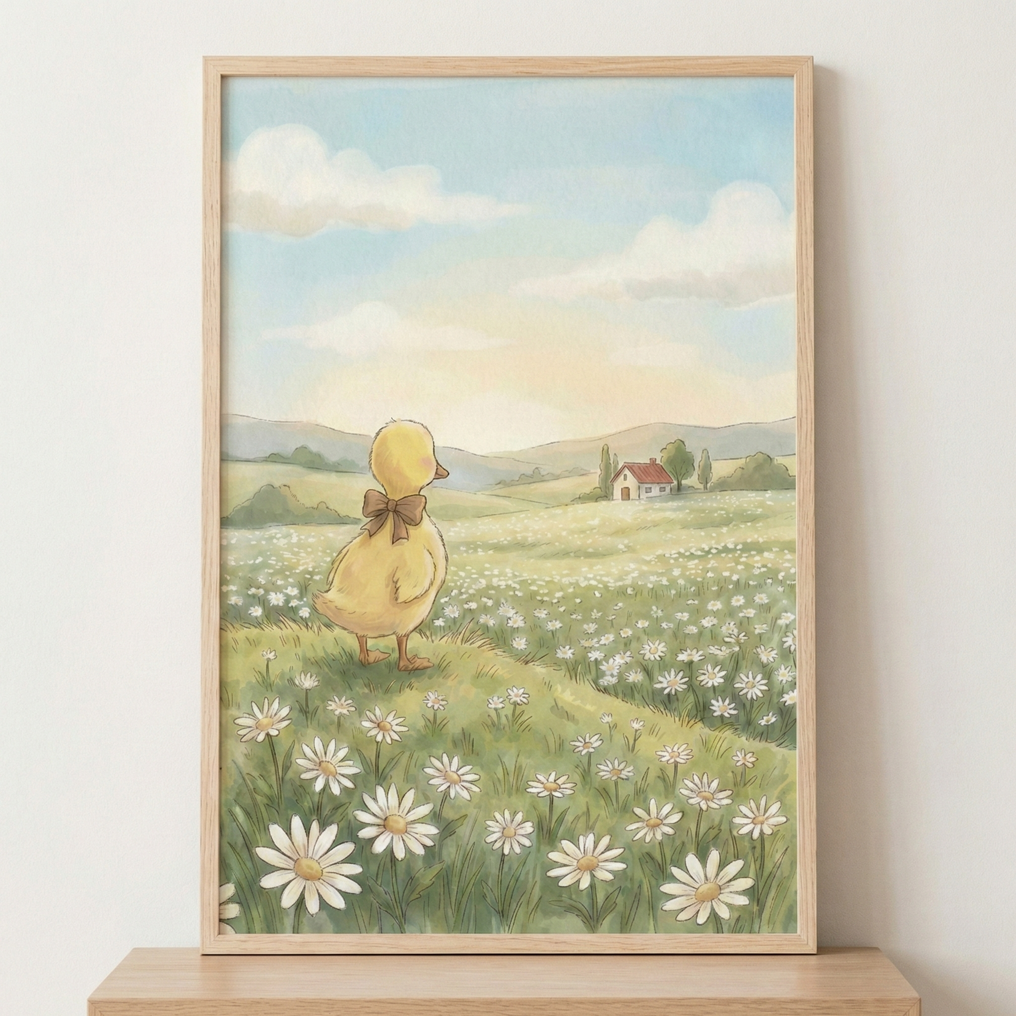 A vertical framed illustration depicts a charming scene of a small yellow duckling looking out over a peaceful landscape. The duckling, seen from behind and positioned on a gentle grassy slope, wears a simple brown ribbon tied in a bow around its neck. The foreground is lush with many white daisies featuring bright yellow centers. In the middle distance, a quaint little house sits nestled among rolling green hills and scattered trees.