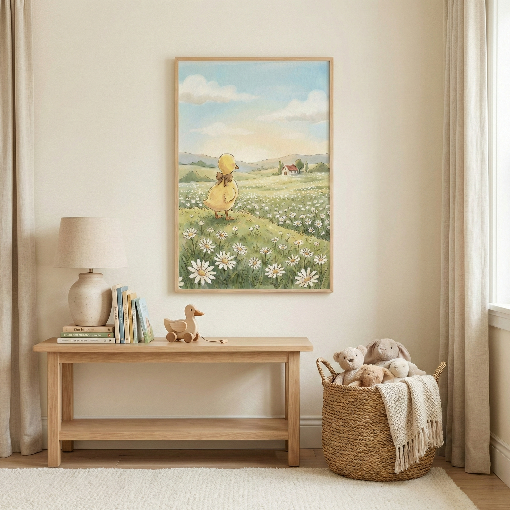 A serene nursery features a framed illustration of a small yellow duckling looking over a daisy field toward a tiny red-roofed house. Below the art, a light wood table holds a lamp, books, and a wooden toy duck. A woven basket nearby is filled with soft plush animals and a knit blanket. The room is decorated in neutral tones with long, flowing curtains and a white textured rug, creating a calm and inviting atmosphere for a child.