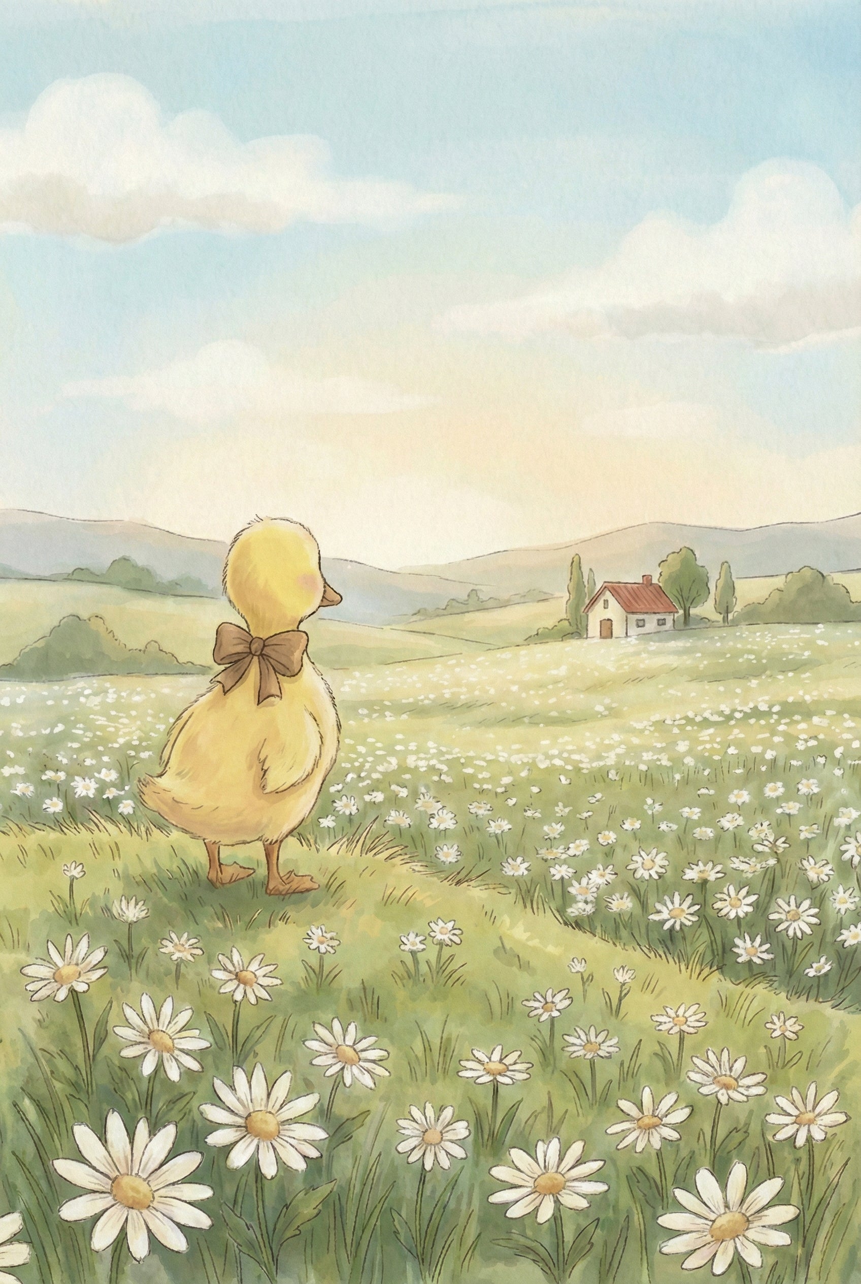 Watercolor scene of a duckling with a brown bow seen from behind, gazing across a wide field of daisies toward a small cottage in the distance. Rolling hills and a pale sky create a peaceful countryside setting.
