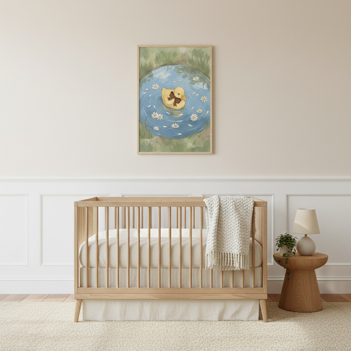 A minimalist nursery features a light wood crib centered against a cream wall with white wainscoting. Above the crib hangs a framed illustration of a small yellow duckling wearing a brown bow, swimming in a blue pond filled with white flowers. A chunky, off-white knit blanket is draped over the right side of the crib. To the right, a round wooden side table holds a simple lamp and a small potted plant. The room is completed by a light-colored, textured area rug on the floor.