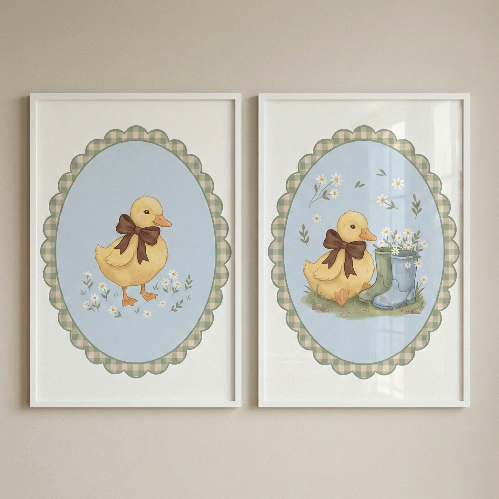 Two side-by-side white framed illustrations featuring a whimsical nursery theme. Each shows a yellow duckling wearing a large brown bow, set against a light blue backdrop inside a scalloped oval with a green and white checkered border. In the left frame, the duckling stands among small white flowers. In the right, it sits next to a pair of miniature boots filled with more white flowers. The overall style is soft and illustrative, suitable for a child's bedroom.