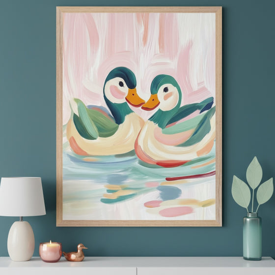 Modern room with a white console table against a teal wall. A large, light wood-framed painting of two colorful, brushstroke-style ducks with bills touching, floating on water, hangs centered above the console. A lamp, candle, and decorative items are on the console.