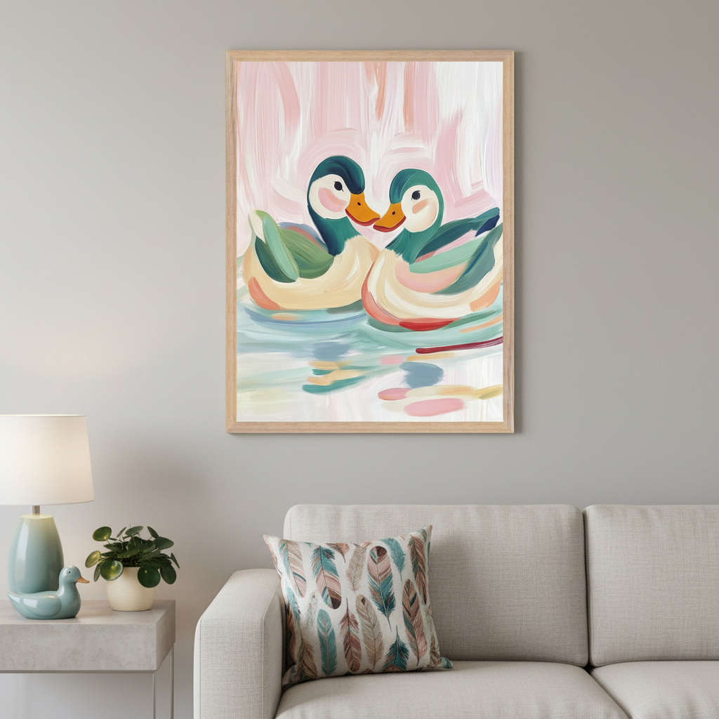Modern living room with a light gray sofa and a side table. A large framed, colorful painting of two stylized ducks floating in water with visible brushstrokes hangs on the wall above the sofa.