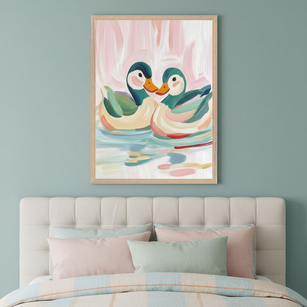 Bedroom with a beige tufted headboard, light pink and green pillows. A large light wood framed painting of two colorful ducks in a painterly style hangs centered above the bed on a teal wall.