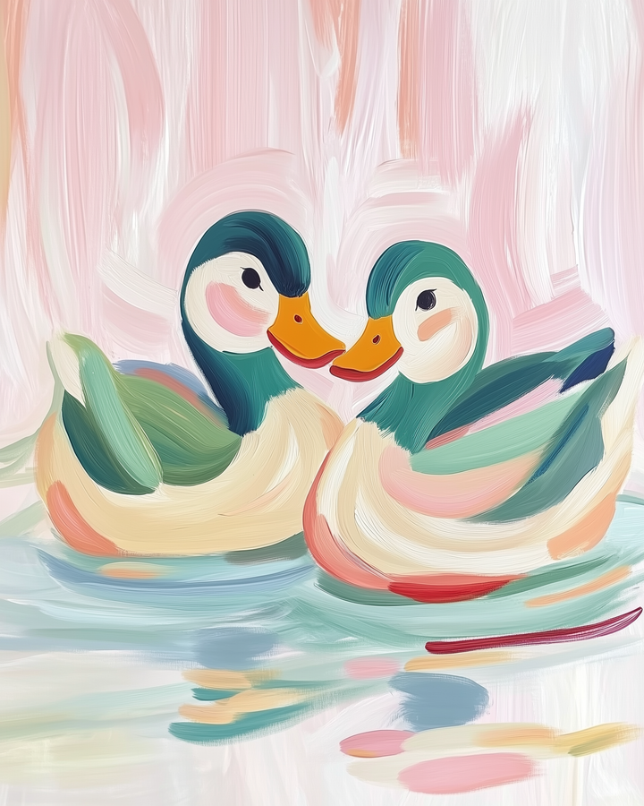 A charming illustration of two ducks facing each other, floating on water with light reflections. Their feathers are painted in soft greens, creams, and pinks against a whimsical, pastel background.
