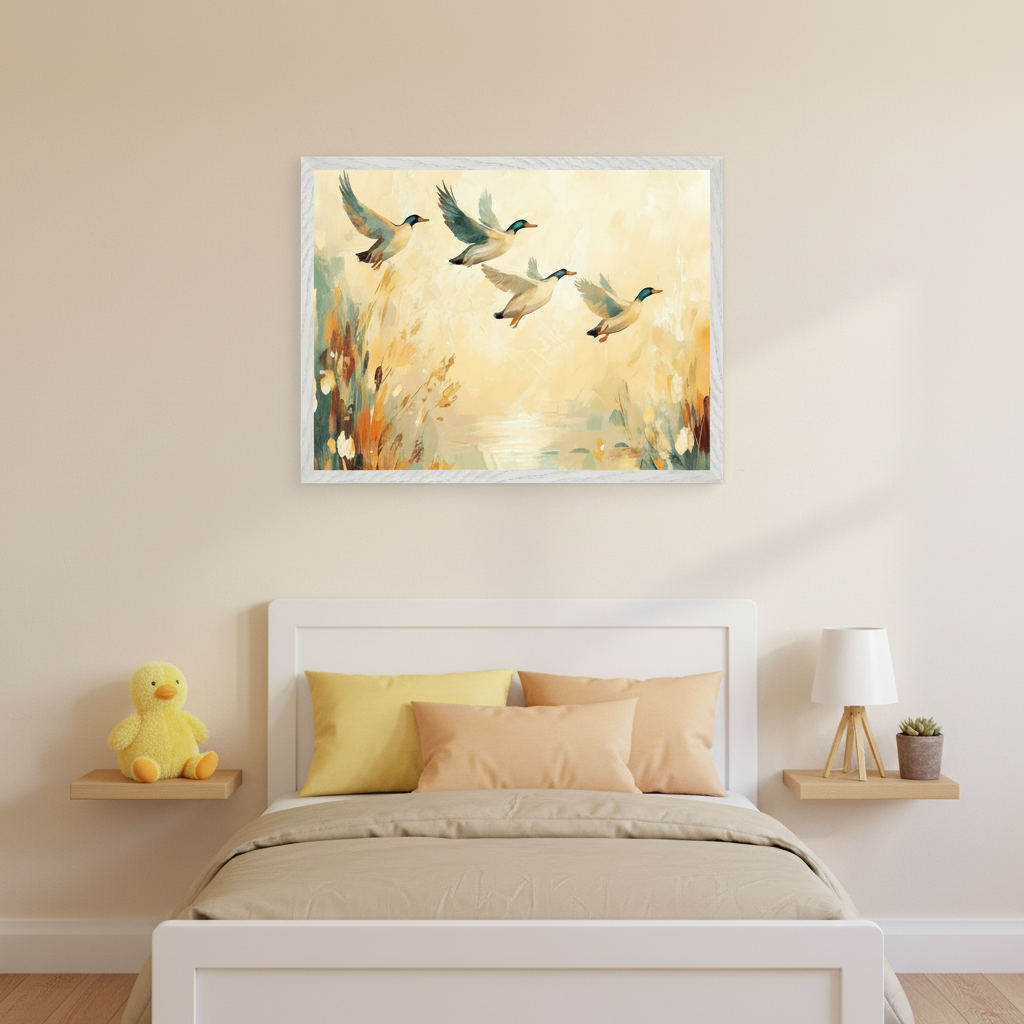 Kid's bedroom with a white bed and headboard. A framed, painterly art print of four ducks flying over a sunlit pond and marsh hangs centered above the bed. Floating shelves on each side hold a yellow plush duck, and a lamp with a potted plant.