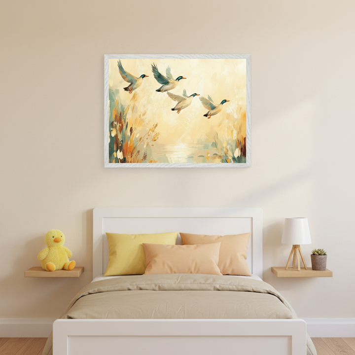 Kid's bedroom with a white bed and headboard. A framed, painterly art print of four ducks flying over a sunlit pond and marsh hangs centered above the bed. Floating shelves on each side hold a yellow plush duck, and a lamp with a potted plant.