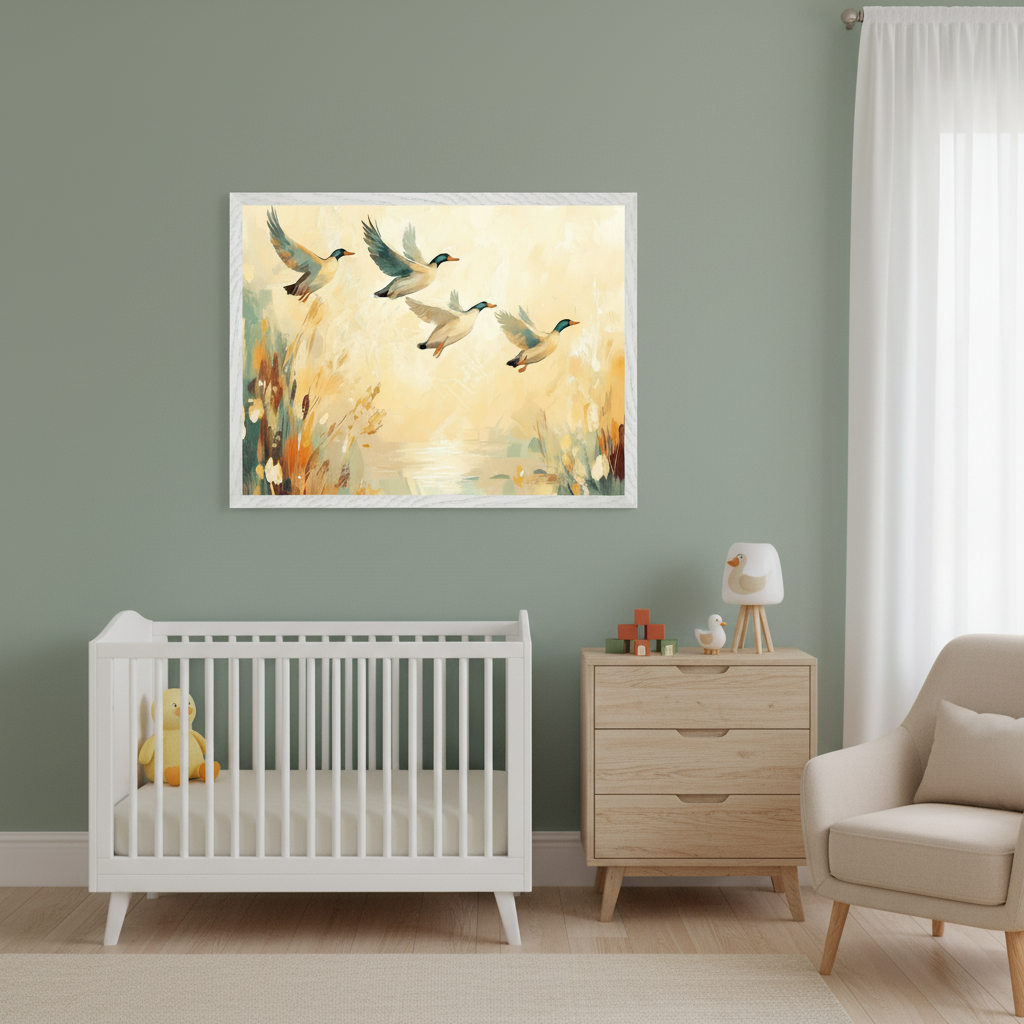 Modern nursery with a white crib, wooden dresser, and cream armchair. A large framed impressionistic painting of four ducks flying over a wetland hangs on the green wall, centered above the crib and dresser.