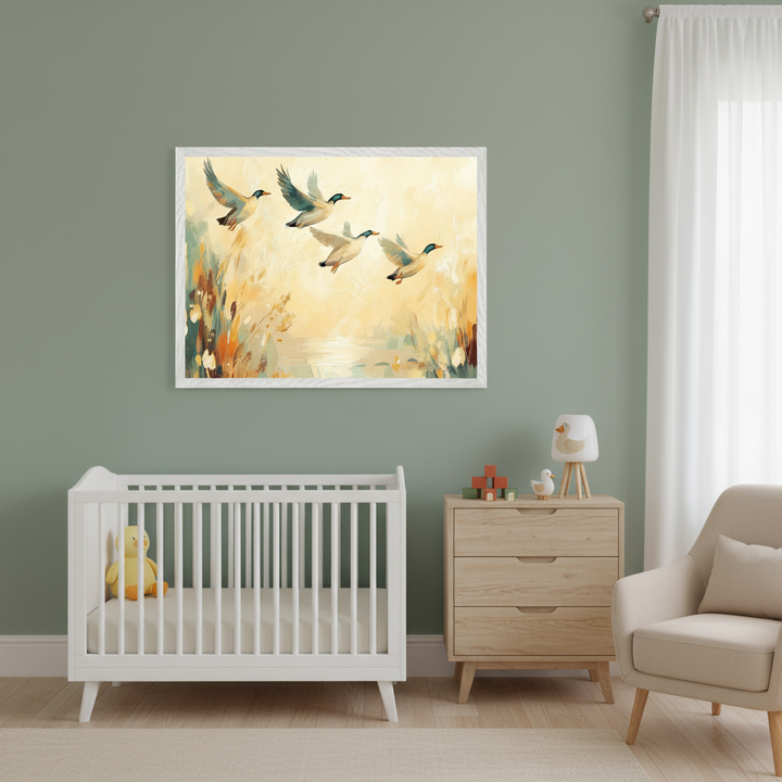 Modern nursery with a white crib, wooden dresser, and cream armchair. A large framed impressionistic painting of four ducks flying over a wetland hangs on the green wall, centered above the crib and dresser.