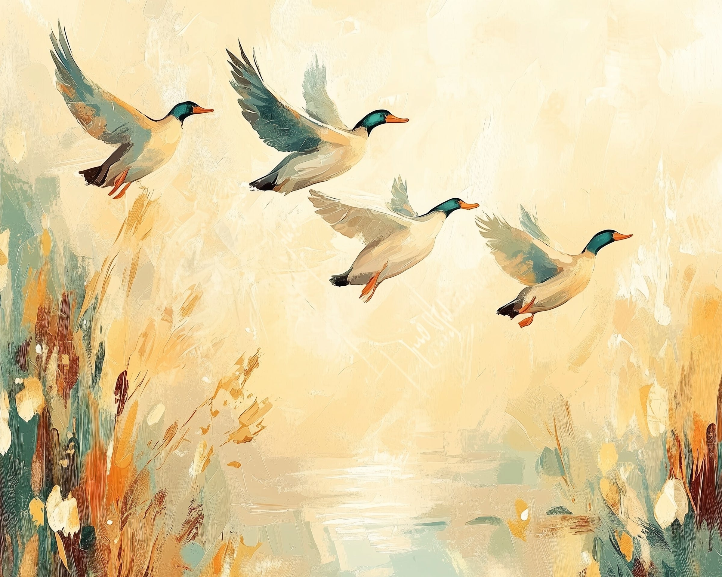Four ducks with vibrant green heads and orange beaks are gracefully flying over a serene landscape, depicted in a warm, impressionistic style with soft hues of beige and orange, amidst tall grasses.