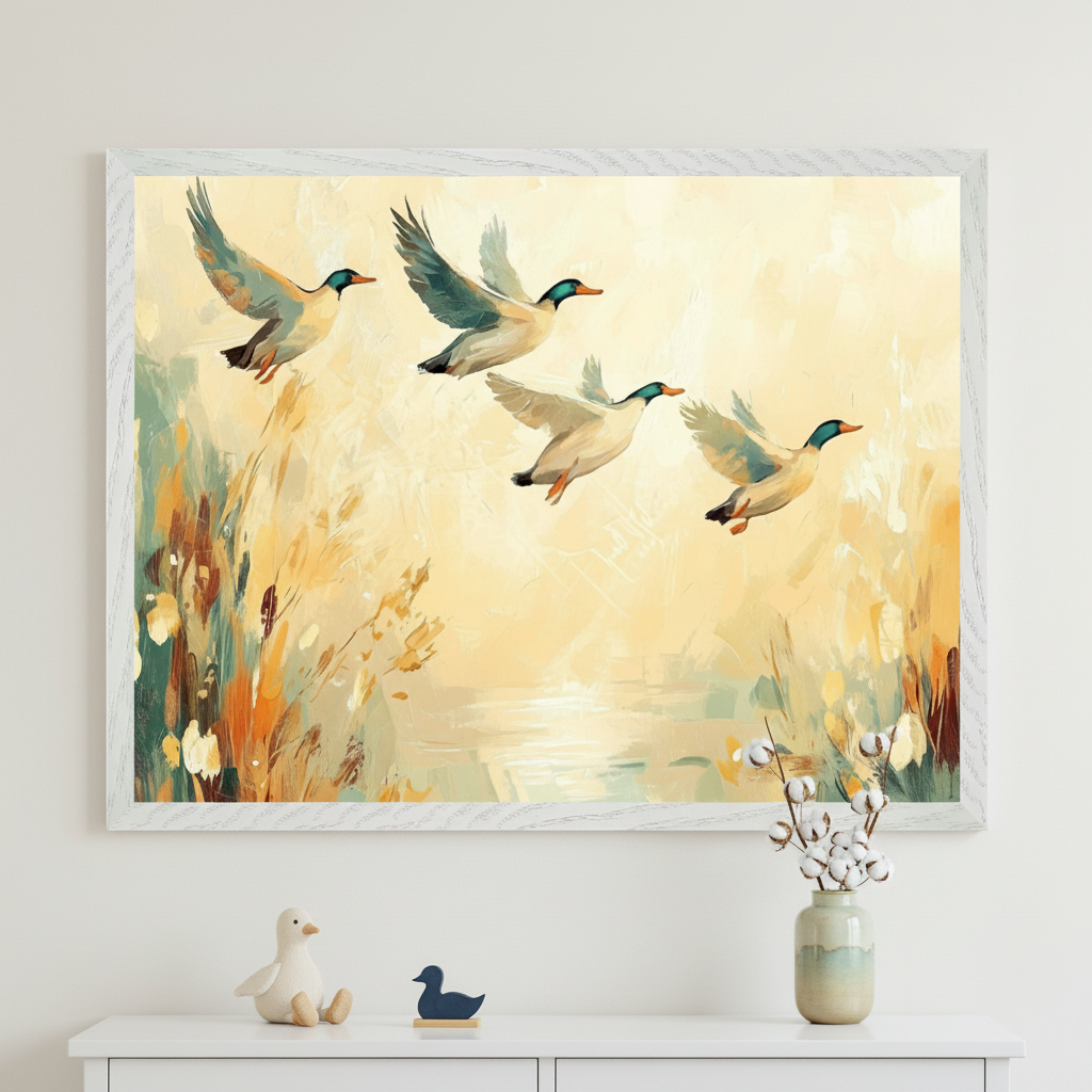 Modern room with a white dresser. A large framed painterly artwork of four flying ducks above wetlands and water hangs centered over the dresser. Duck figurines and cotton branches in a vase decorate the dresser.