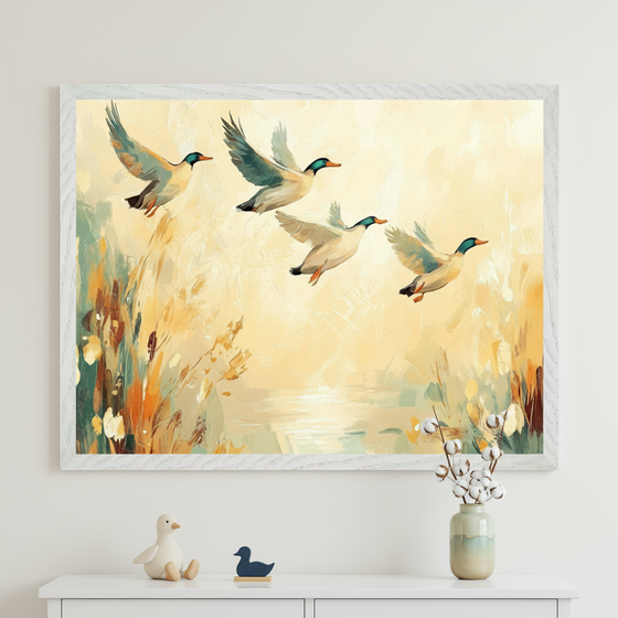 Modern room with a white dresser. A large framed painterly artwork of four flying ducks above wetlands and water hangs centered over the dresser. Duck figurines and cotton branches in a vase decorate the dresser.