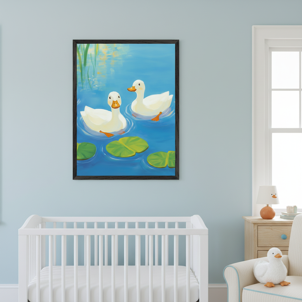 Modern nursery with a white crib. Above it, a framed painting shows two white ducks in a blue pond with lily pads. A wooden dresser, armchair, and window are on the right.