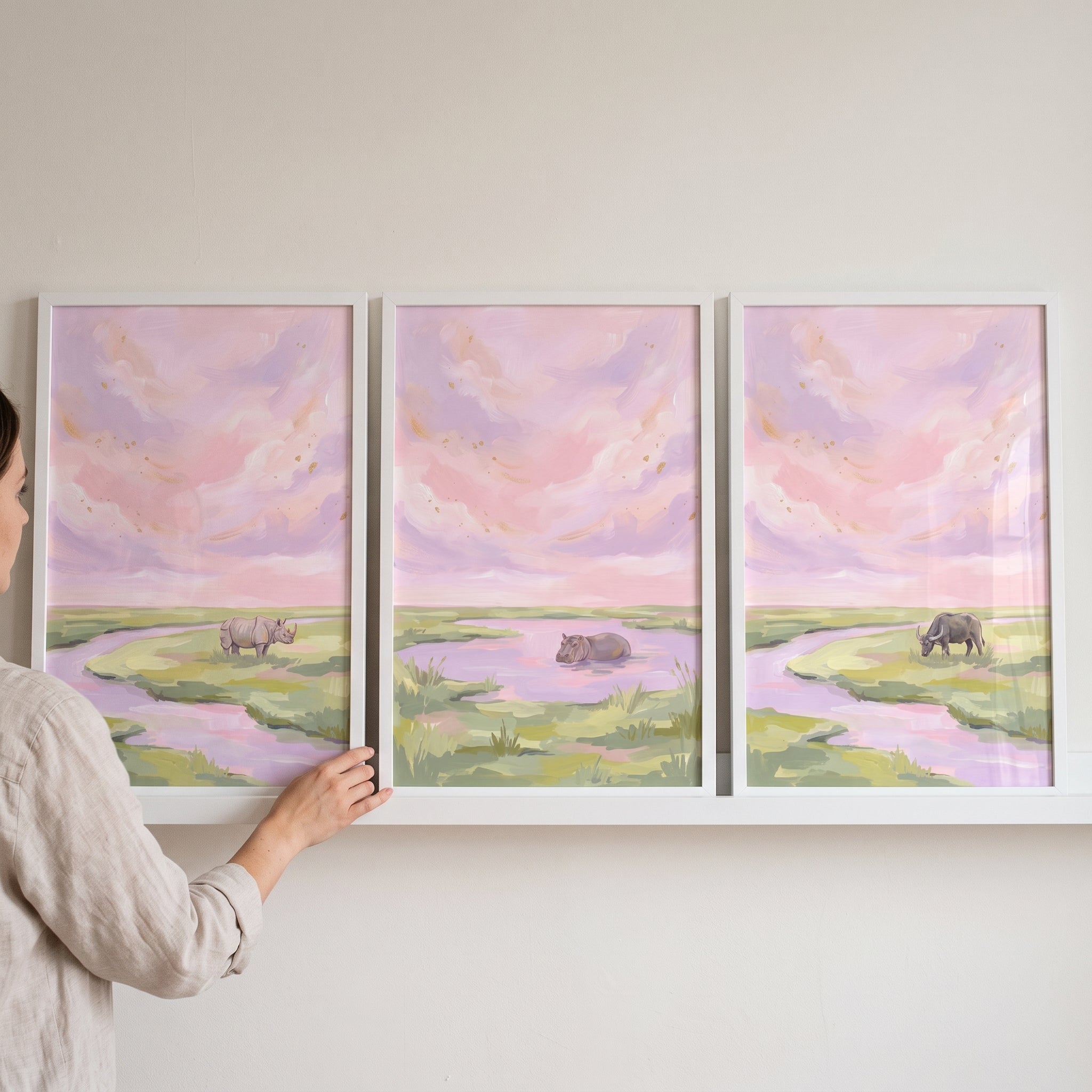 Dusk Sky Safari Animals Wall Art Set of 3 - Serene Wild Wetlands