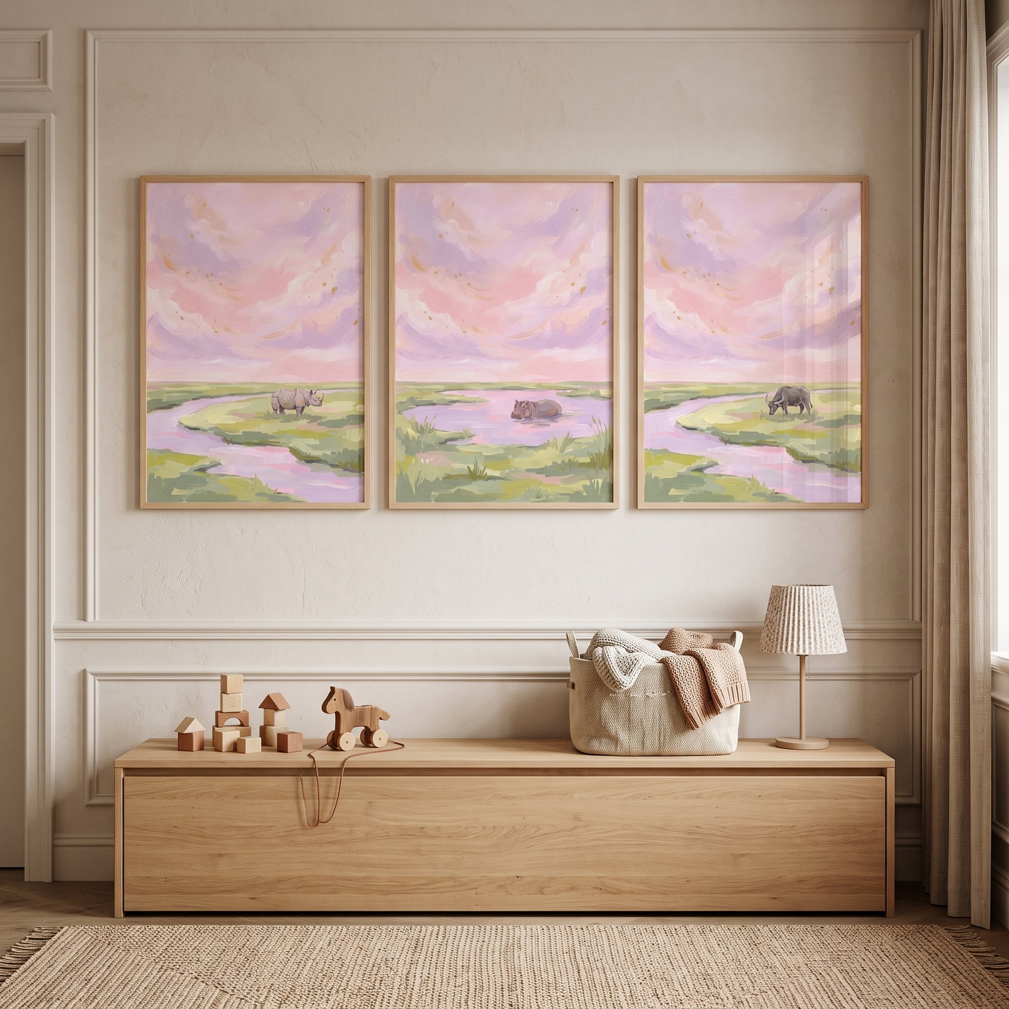 Dusk Sky Safari Animals Wall Art Set of 3 - Serene Wild Wetlands
