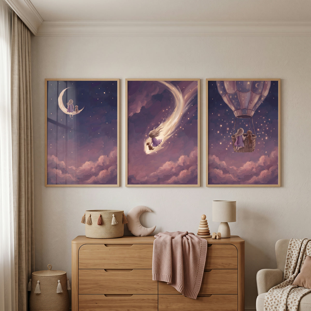 Dusky Violet Girl Dog Wall Art Set of 3 - Celestial Night Dreams